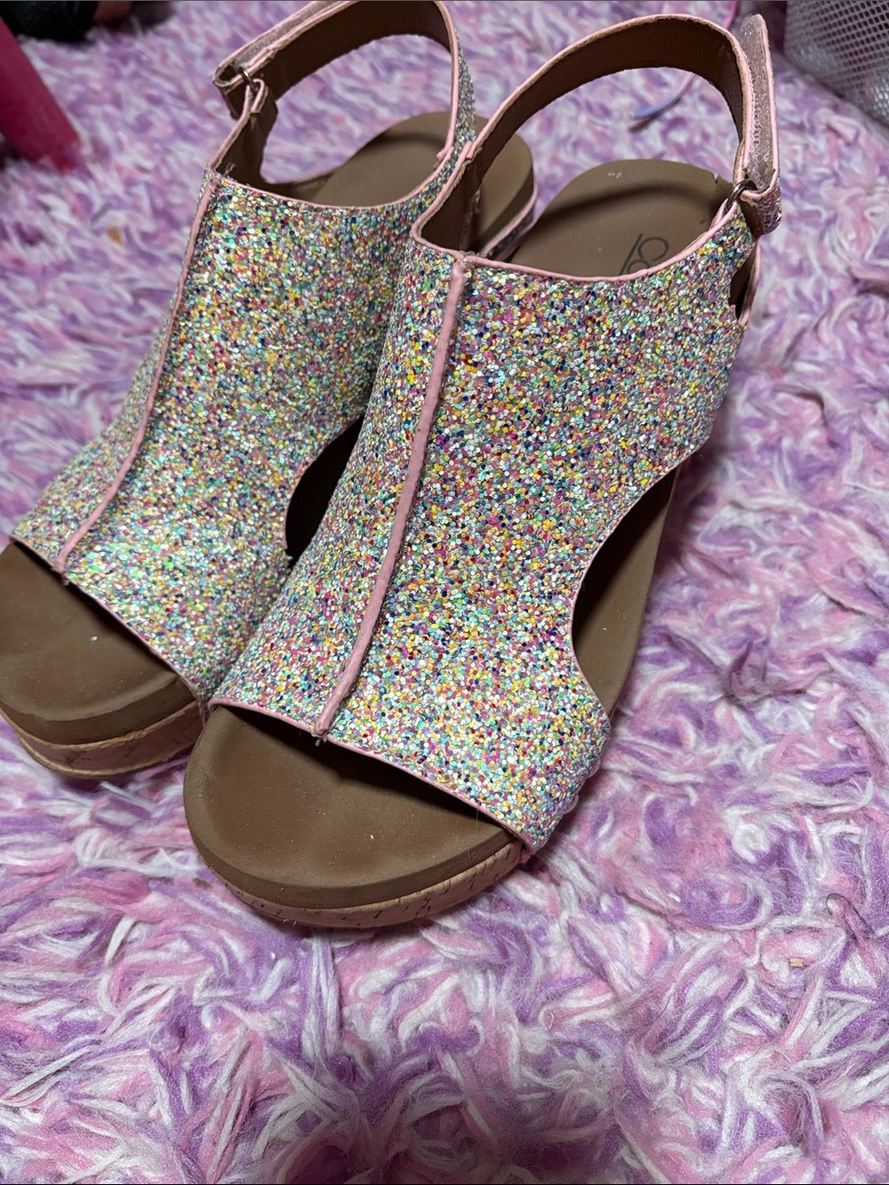 Corky’s Sparkling Pink Multicolor Glitter Wedge Sandals sz 8